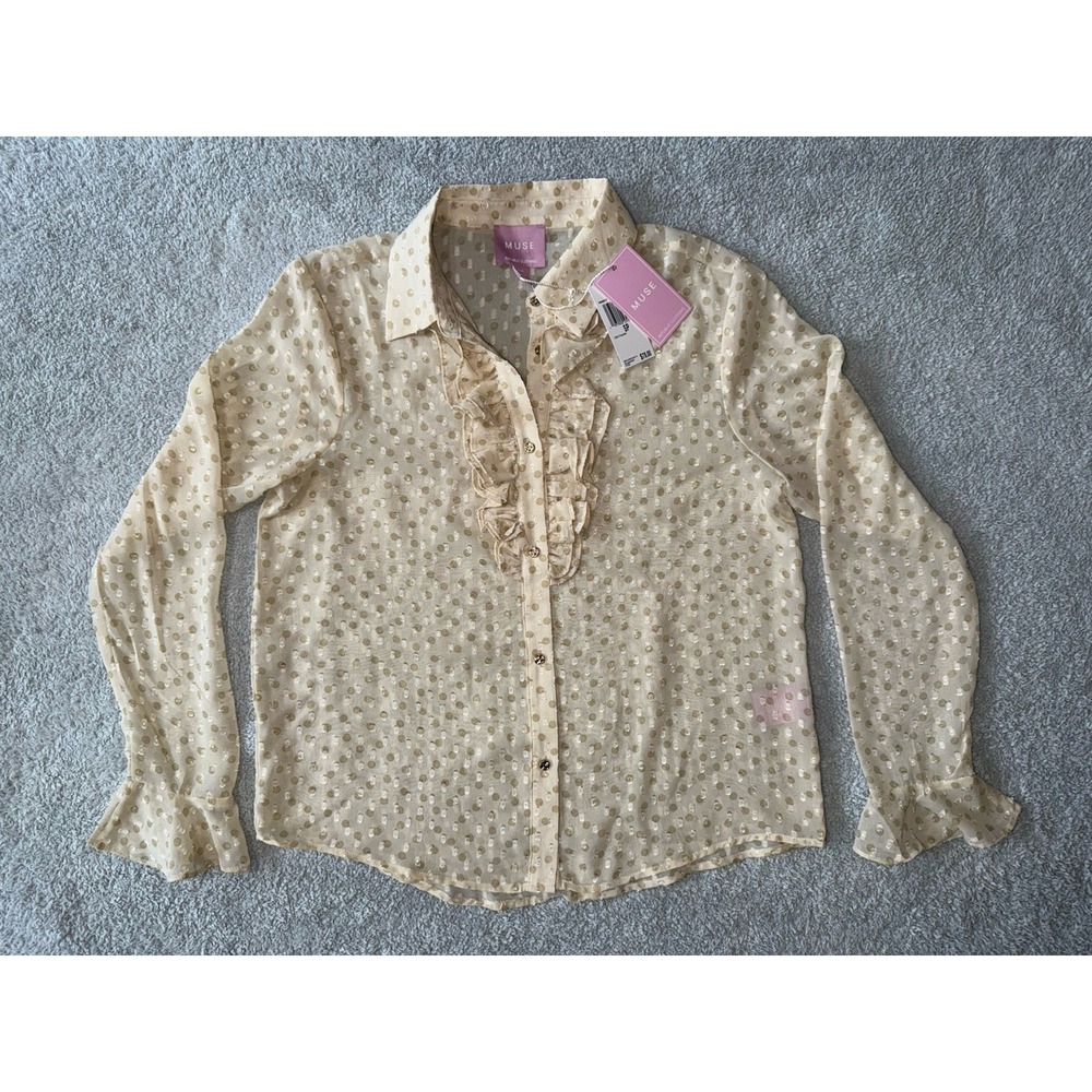 NWT Muse Republic Clothing Beige‎ Polka Dot Ruffle Blouse Womens Size Small